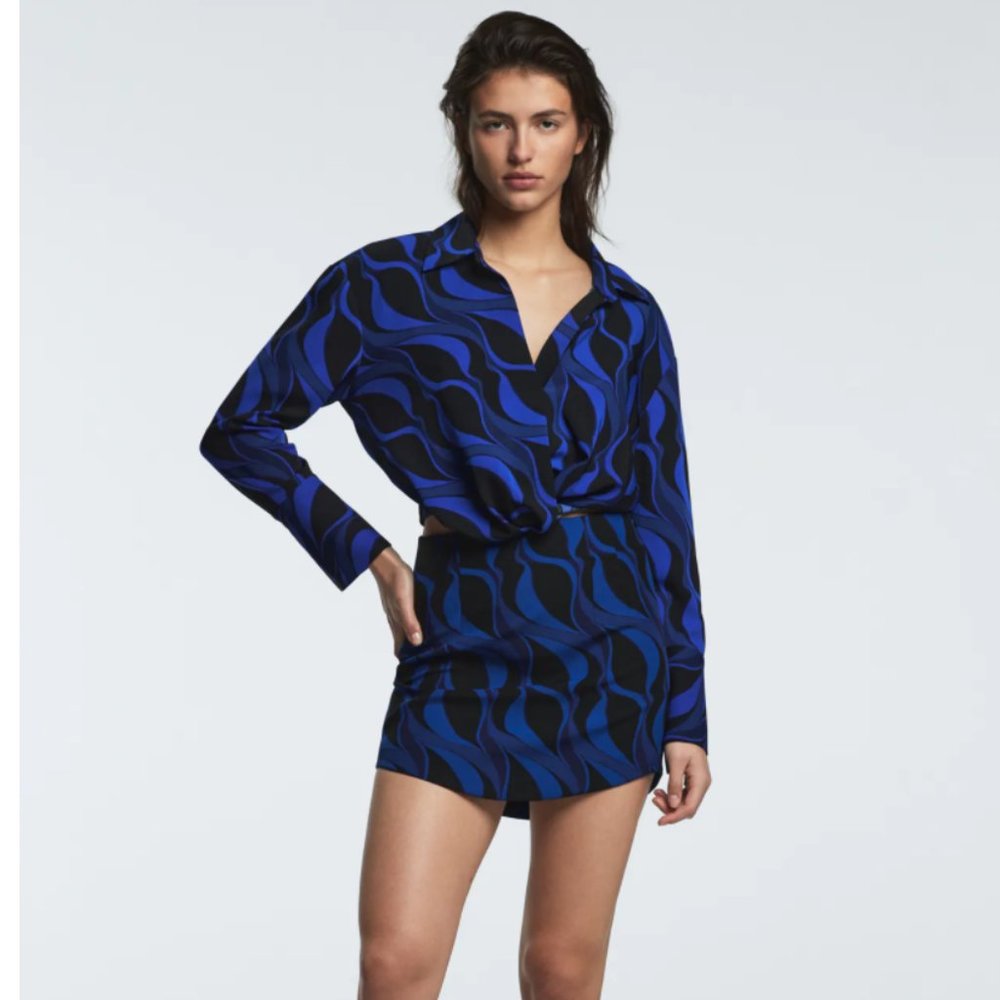 BNWT ZARA PLEATED PRINTED SHIRT AND SKIRT BLUE AND BLACK
